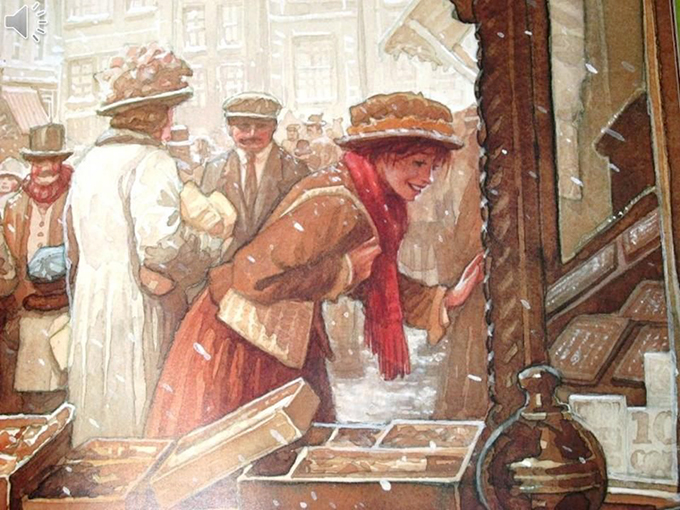 Делла смотрит на витрины, выбирая подарок мужа